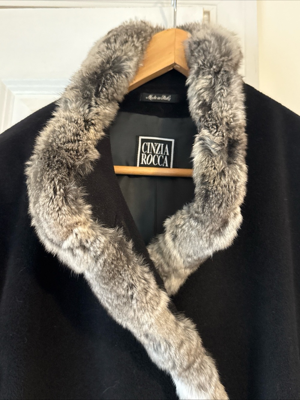 Cinzia Rocca Long Charcoal Wool Lined Coat Chinchilla Trimmed size 14 - Picture 2 of 11